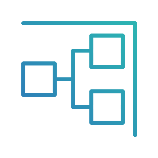 Three square icons depicting a flow chart